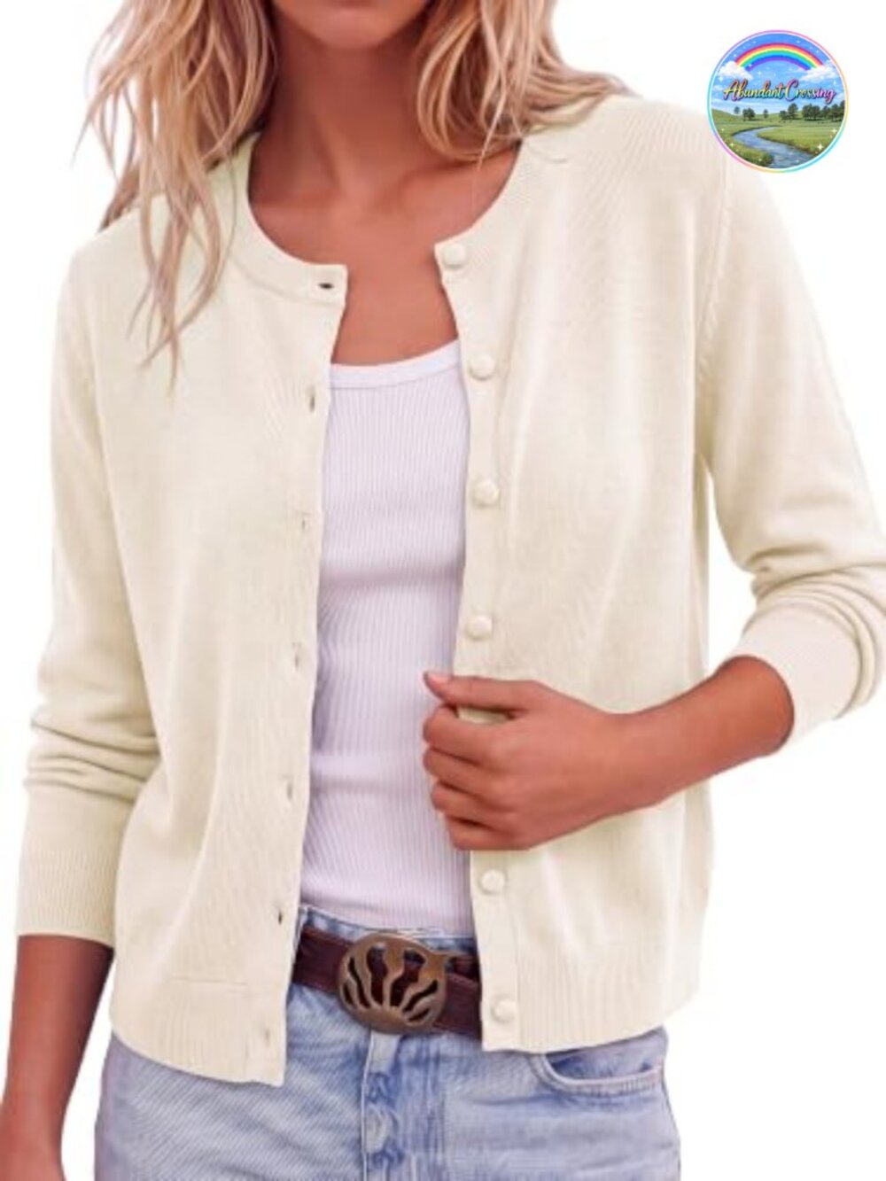Women's Lightweight Button Front Cardigan Sweater Long Sleeve Crew Neck